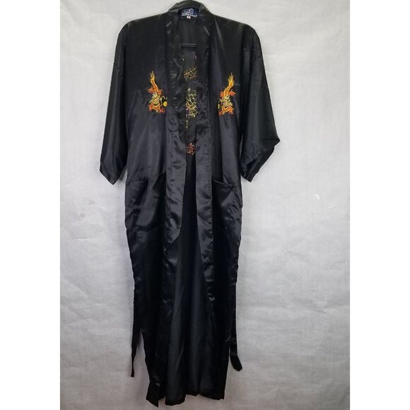 Lucky Kimono Bath Robe M Hand Embroidered Chinese Dragon Black Satin Tie Pockets - Picture 12 of 16